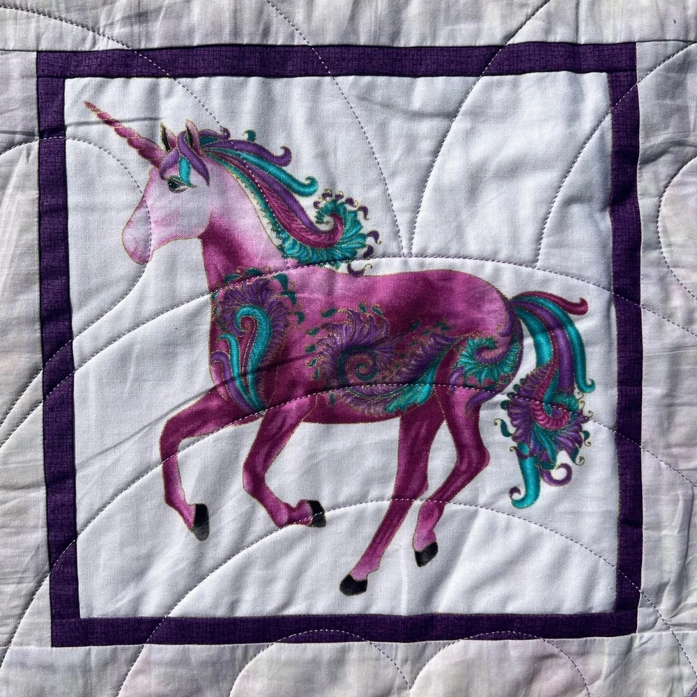 Magical Unicorn 63” Square Whimsical Purple Handmade Quilt Blanket Fantasy Decor